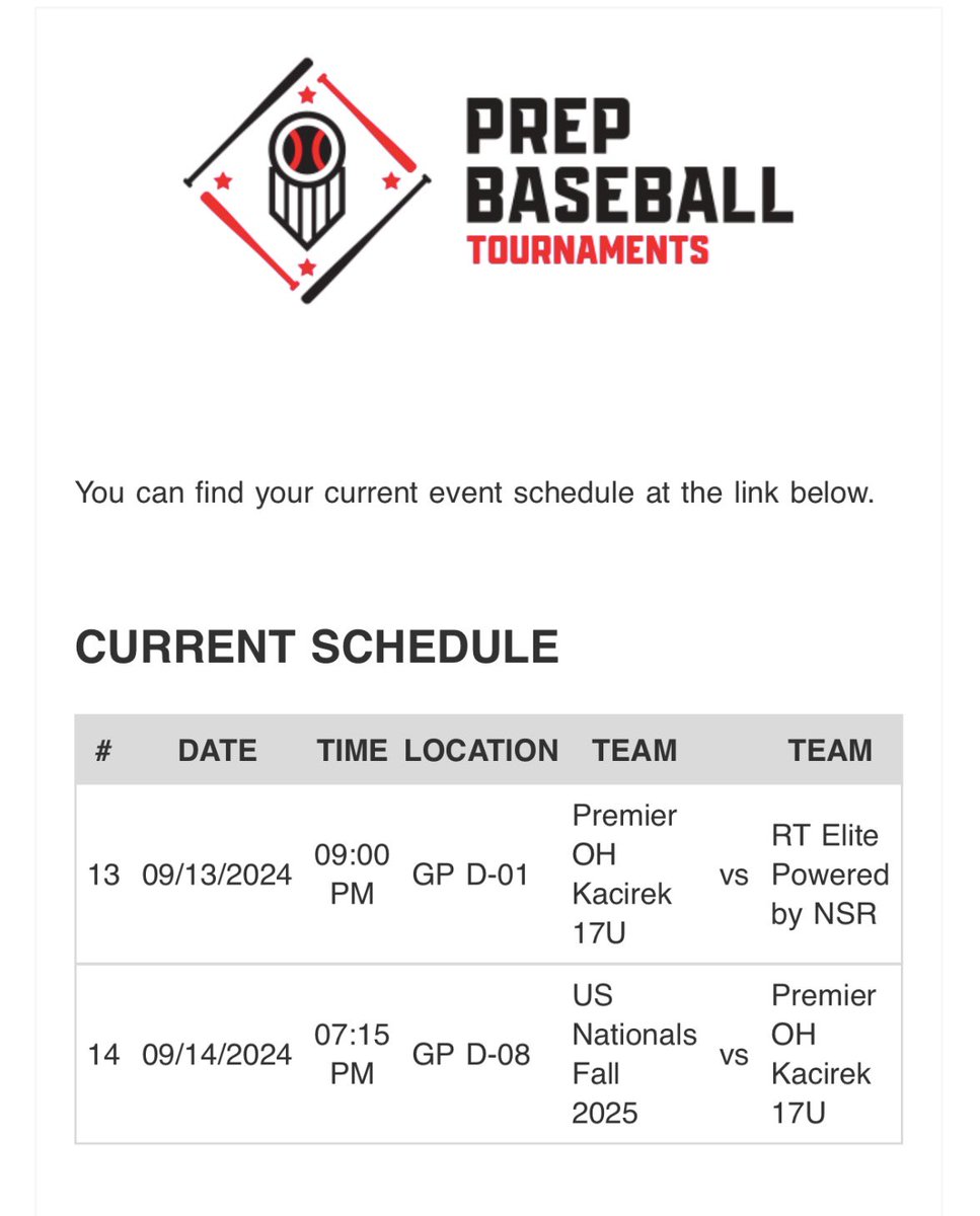 Premier OH Kacirek 2029 (Scott Kacirek-Head Coach) (@skacirek) on Twitter photo Our schedule for the Grand Park Fall Classic! An excellent roster with some of the top uncommitted 2025 players in the Midwest!
Game #1 @ Grand Park (D-01) - 9:00pm
Game #2 @ Grand Park (D-08) - 7:15pm
<a href="/premierath/">Premier Ohio Baseball</a> <a href="/PrepBaseOHScout/">Prep Baseball Ohio Scouting Coverage</a> <a href="/PrepBaseballOH/">Prep Baseball Ohio</a> <a href="/PrepBaseINScout/">Prep Baseball Indiana Scouting Coverage</a> <a href="/weldyprep/">Kyle Weldon</a> Our schedule for the Grand Park Fall Classic! An excellent roster with some of the top uncommitted 2025 players in the Midwest!
Game #1 @ Grand Park (D-01) - 9:00pm
Game #2 @ Grand Park (D-08) - 7:15pm
<a href="/premierath/">Premier Ohio Baseball</a> <a href="/PrepBaseOHScout/">Prep Baseball Ohio Scouting Coverage</a> <a href="/PrepBaseballOH/">Prep Baseball Ohio</a> <a href="/PrepBaseINScout/">Prep Baseball Indiana Scouting Coverage</a> <a href="/weldyprep/">Kyle Weldon</a>