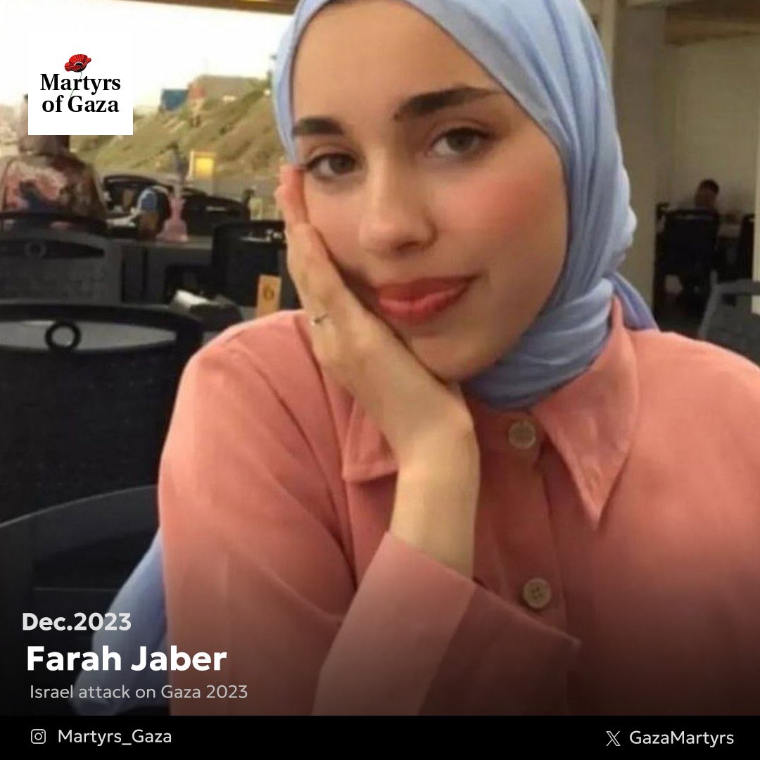 GazaMartyrs's tweet photo. “We will never forget everyone who was killed in Gaza, including myself and my family. We will never forget everything that happened to us, and everything that was taken away. We deserved much better”

My name is Farah Jaber, I am eighteen years old. I needed to take my high school examinations this year, but due to the genocide it made it impossible for me to do so.

My dream was to excel in my studies and achieve higher and higher grade. Moreover, 
I am a sister and a friend to many, these people are also best people in my life.

But now I can no longer be anything to anyone due to my martyrdom by the Israeli occupation in December. My friend could not even hear the news of my death soon as communication networks were cut. She had lost me, and I her.
