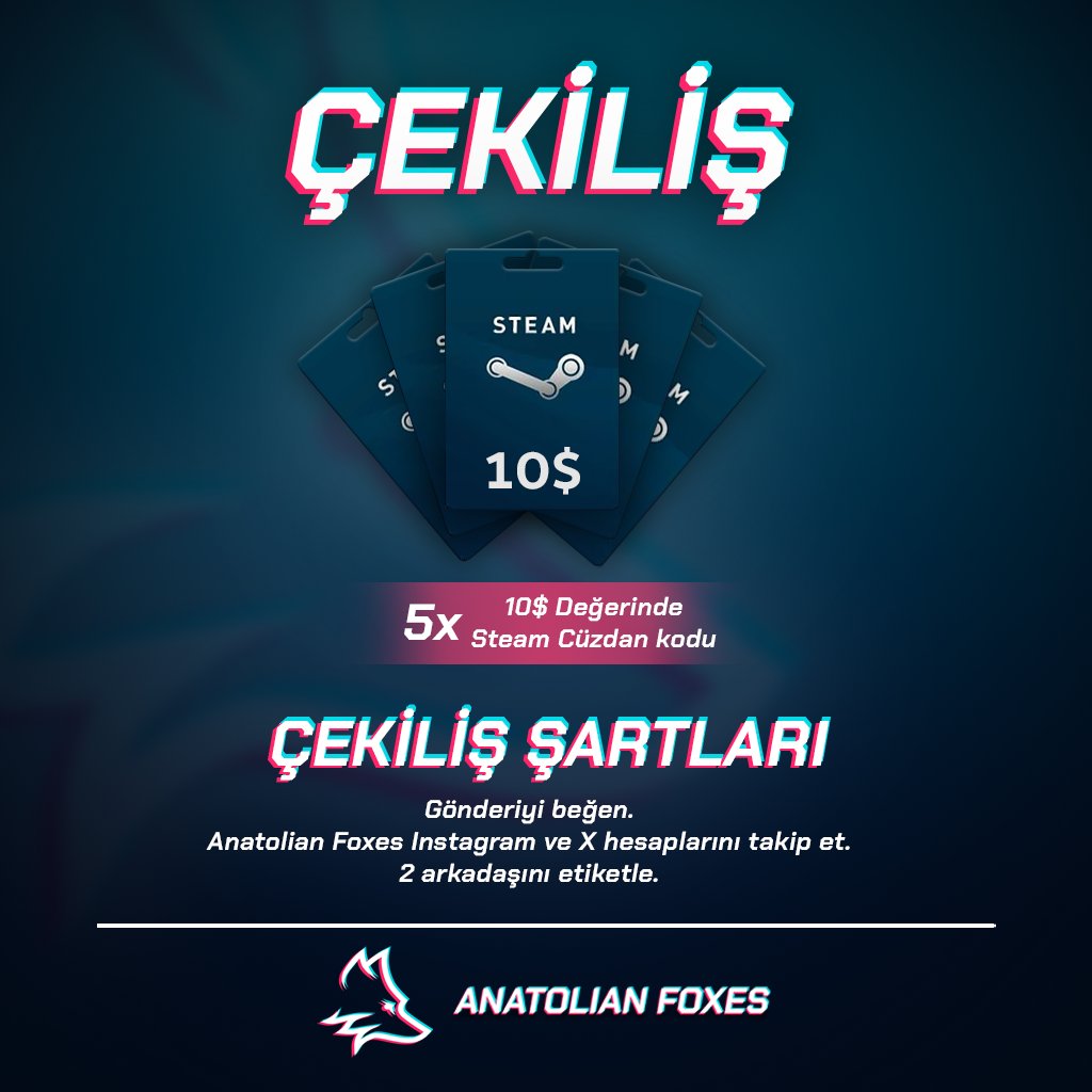 anatolianfoxes's tweet image. 🦊 ÇEKİLİŞ ZAMANI! 🦊 

Anatolian Foxes olarak sizlere 5 adet 10$&apos;lık Steam Cüzdan Kodu hediye ediyoruz! 🤑

 Katılmak için:
1️⃣ Bizi takip et
2️⃣ Bu gönderiyi beğen ve yeniden paylaş
3️⃣ İki arkadaşını etiketle

#Çekiliş #Steam #giveaway