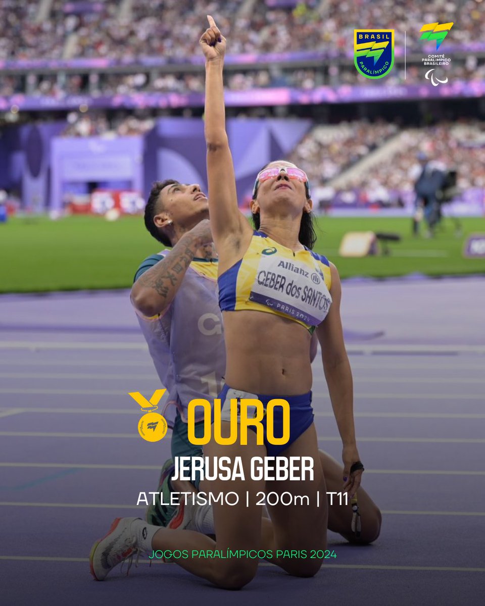 Mais uma da Jerusa Geber em #Paris2024! 🥇🇧🇷 A velocista garantiu o ouro também nos 200m T11. Não importa a distância, tem Jerusa no topo do pódio! E com essa medalha o Brasil alcança a marca inédita de 23 ouros em uma edição dos Jogos Paralímpicos. 😍

#BrasilParalímpico
