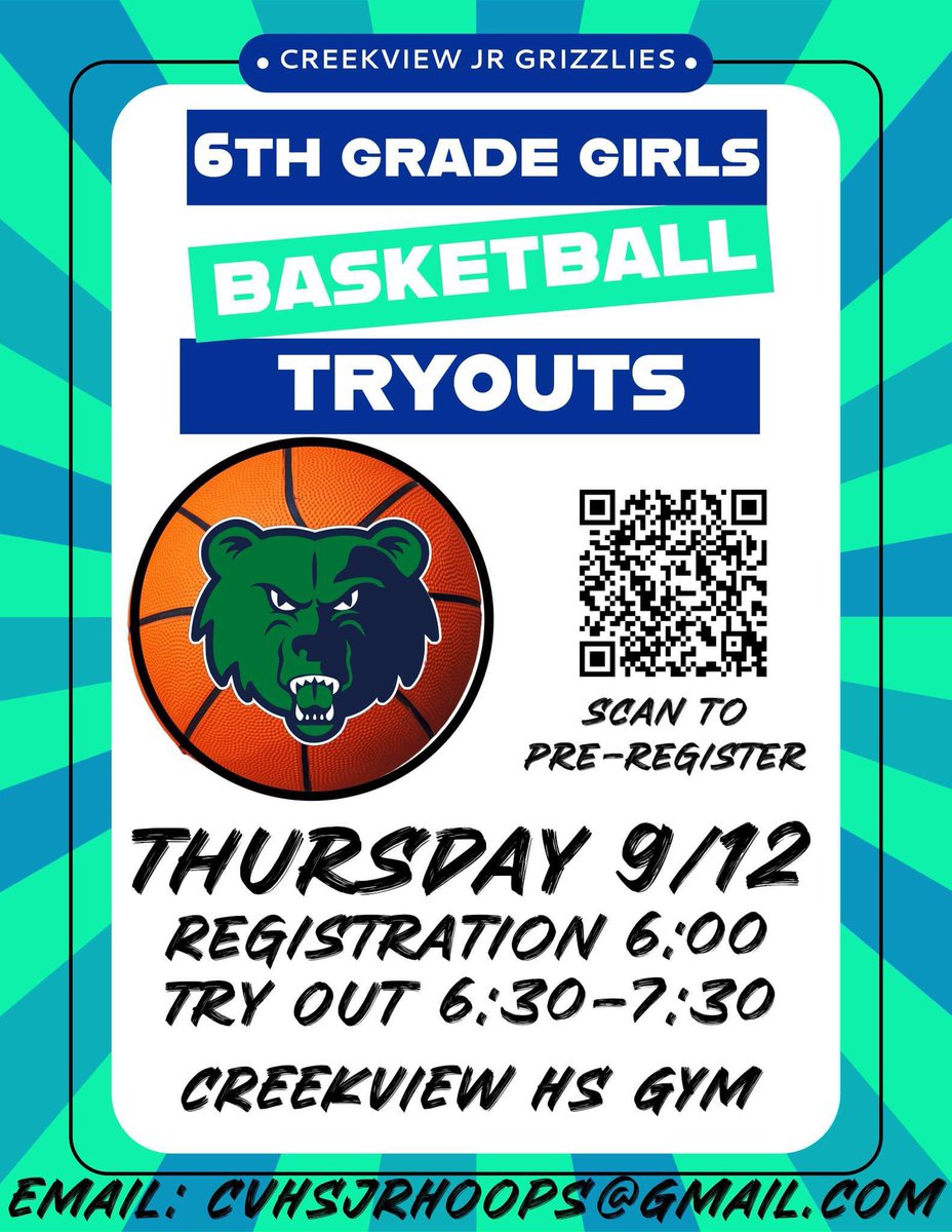 6th grade Jr Grizzly Tryouts 9/12

Tryouts are also open to 5th graders in the Creekview district. Registration begins at 6:00, Tryouts will be begin at 6:30. Parents can come inside to register and then pick up at 7:30.