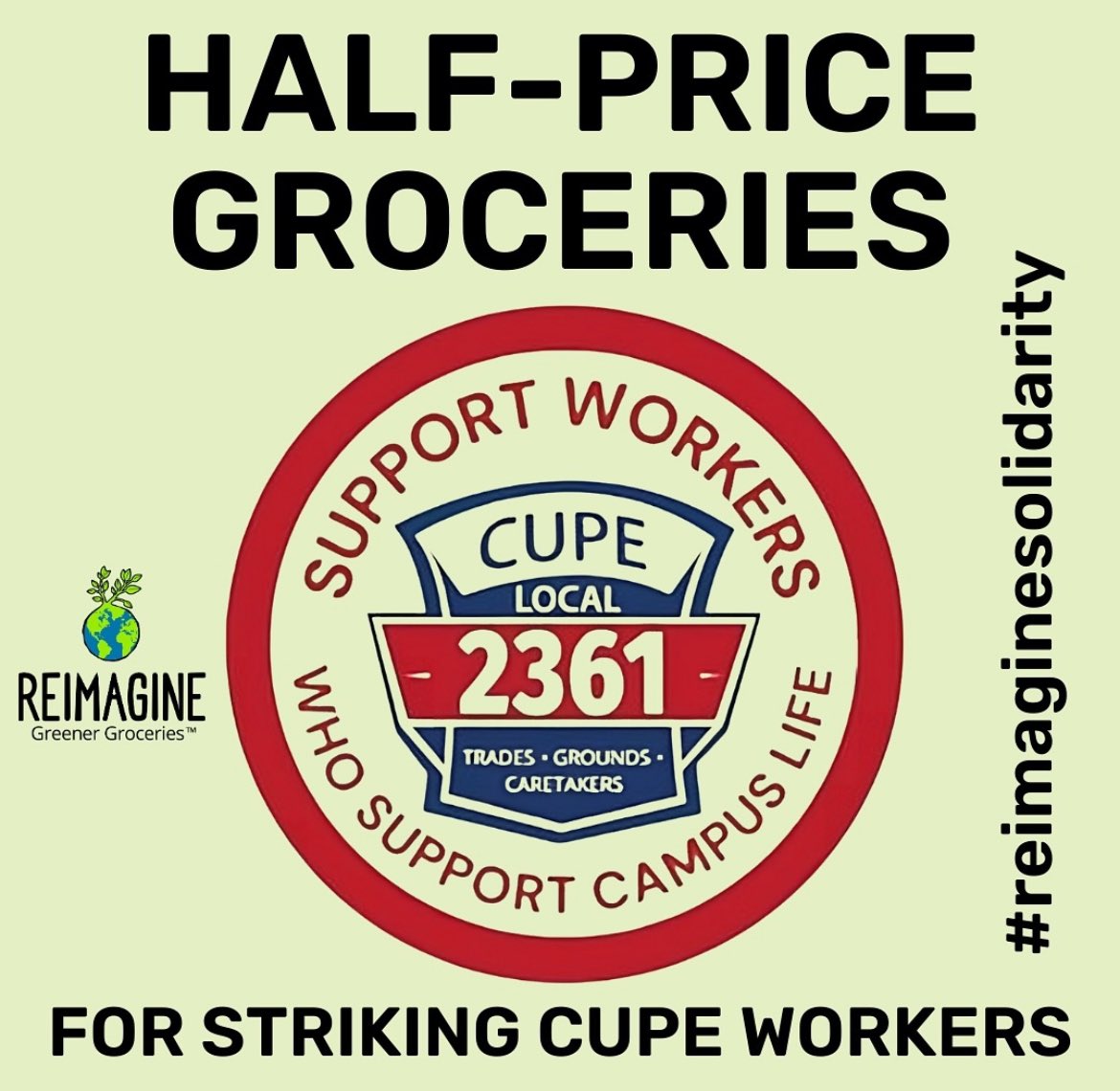 Shout out to <a href="/reimagineco_/">Reimagine: Greener Groceries</a> for the true display of solidarity to striking <a href="/CUPE2361/">CUPE 2361</a> workers at <a href="/WesternU/">Western University</a> 
Half price groceries to those on strike!
As workers we can support business like this who support workers! And call on others in the area to do the same!
#TheOntarioWeNeed