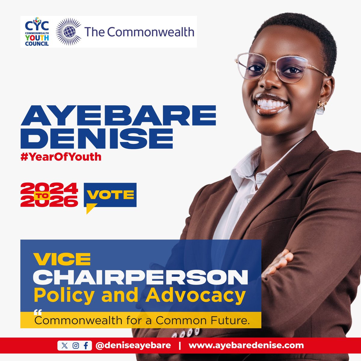 Denise Ayebare (@ayebaredenise) on Twitter photo Iโm excited to officially announce my candidacy for Vice Chairperson-Policy & Advocacy in the Commonwealth Youth Council!
Iโm committed to building a #CommonwealthForACommonFuture by championing climate action, digital inclusion, and youth leadership & governance.
<a href="/ComSecYouth/">Commonwealth Youth</a> Iโm excited to officially announce my candidacy for Vice Chairperson-Policy & Advocacy in the Commonwealth Youth Council!
Iโm committed to building a #CommonwealthForACommonFuture by championing climate action, digital inclusion, and youth leadership & governance.
<a href="/ComSecYouth/">Commonwealth Youth</a>