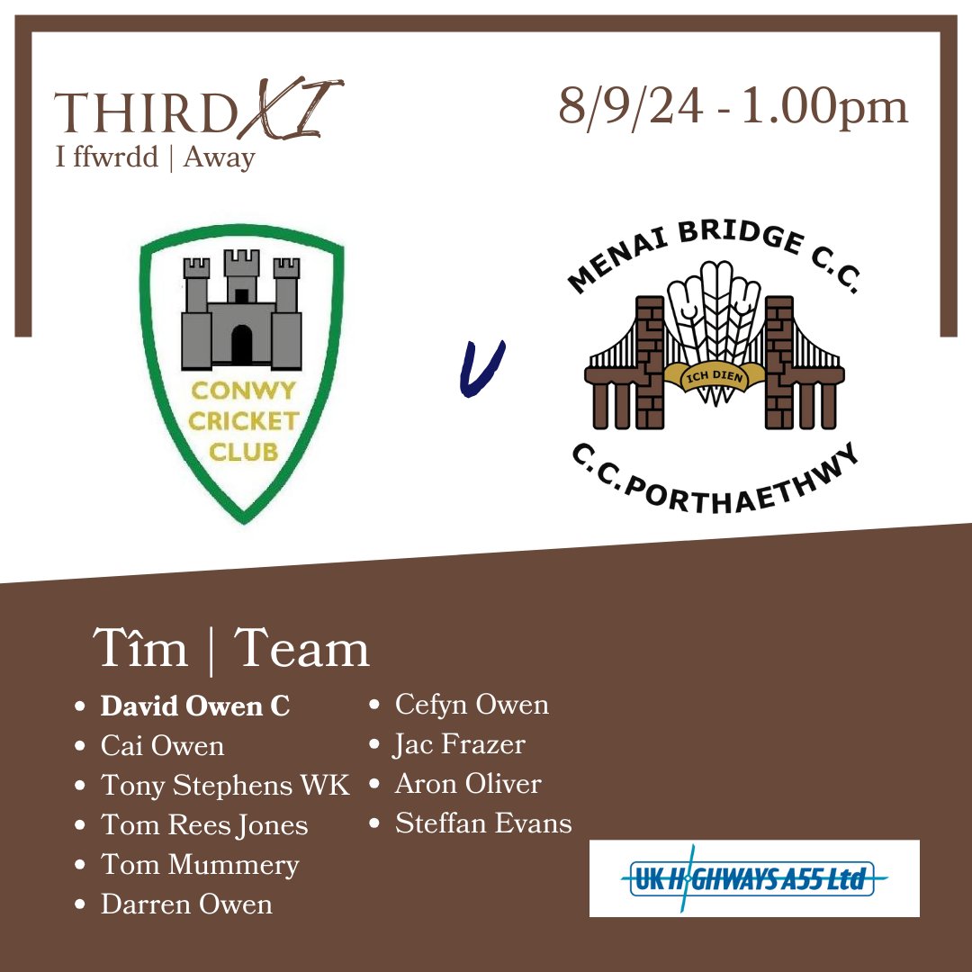 Menai Bridge CC (@menaicc) on Twitter photo Cyhoeddiad tîm | Team announcement
Thanks UK Highways A55 Ltd - weekend sponsors
Diolch hefyd i noddwyr y chwaraewyr | Thanks to our player sponsors:
David Owen & Cai Owen: <a href="/evansbrosmenai/">Evans Bros</a>
Tom Rees Jones: Engan Creadigol
Tom Mummery: Fitness First
Cefyn Owen: Bangor City Stadium Cyhoeddiad tîm | Team announcement
Thanks UK Highways A55 Ltd - weekend sponsors
Diolch hefyd i noddwyr y chwaraewyr | Thanks to our player sponsors:
David Owen & Cai Owen: <a href="/evansbrosmenai/">Evans Bros</a>
Tom Rees Jones: Engan Creadigol
Tom Mummery: Fitness First
Cefyn Owen: Bangor City Stadium
