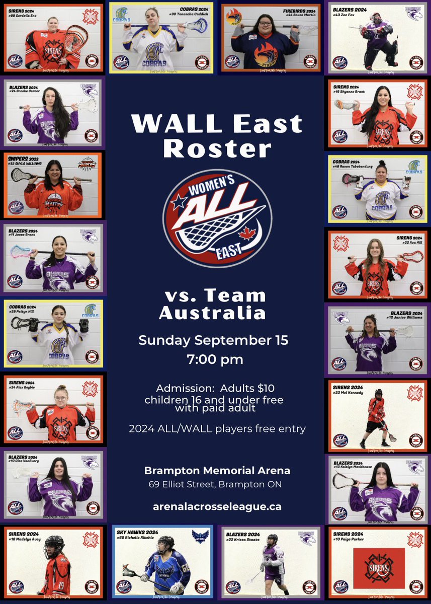 We are super excited to announce our 20 Woman roster that will play in one week against team Australia. Come on out to Brampton Memorial Arena next Sunday at 7pm to cheer on the women of the WALL East🥍