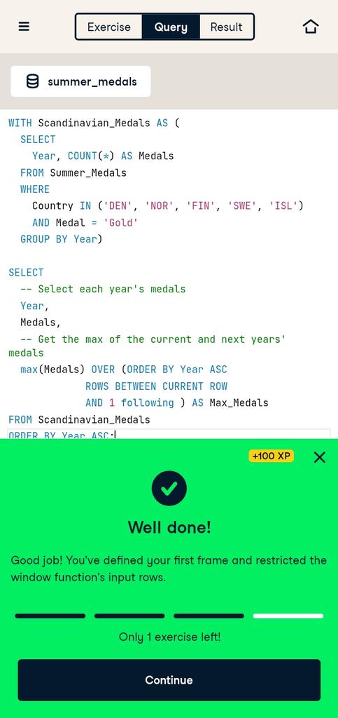 olaxo_ox's tweet photo. Day 24 of the 30-Day SQL Challenge: Today, I completed chapters on aggregate window functions and frames and learned how to apply SUM and AVG clauses to compare rows over specific ranges. #SQL #ContinuousLearning #DCA30DaysofSQL https://t.co/E5DLJ9lDlC