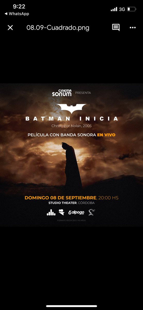CINEMA SONUM PRESENTA: BATMAN INICIA  
Los invitamos a ver la proyección de la PELÍCULA “Batman Inicia” (dirigida por Christopher Nolan) con la BANDA SONORA interpretada en VIVO.

POR MÁS INFORMACIÓN EN EL ENLACE:
alpogo.com/app/funciones/…