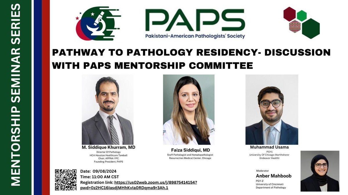 Pathology match applicants are welcome to attend the PAPS Mentorship Committee webinar they discuss the Pathway to Pathology Residency

When: 9/8/2024 at 11:00 am CST

Register here 👉: us02web.zoom.us/meeting/regist…
