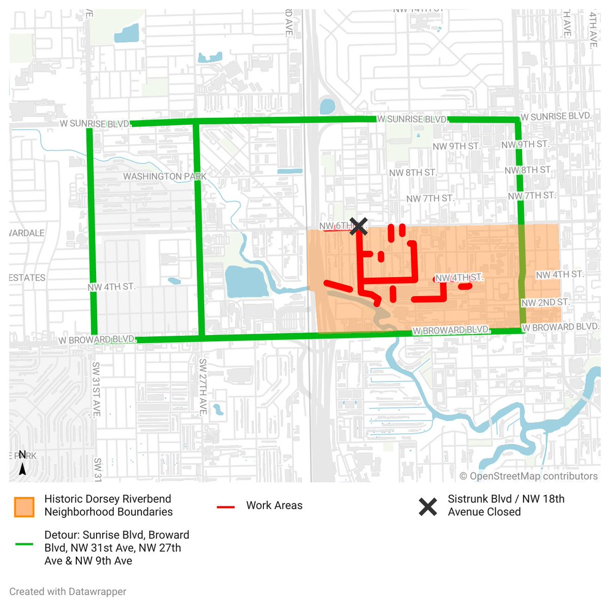 Sistrunk Blvd./NW 6th St. will be closed at NW 18th Ave. Mon. 9/9 at 7 AM - Thurs. 9/12 at 7 AM while crews install a drainage pipe across Sistrunk Blvd. Detour: Sunrise Blvd., Broward Blvd., MLK Jr. Ave./NW 31st Ave., NW 27th Ave. &amp; NW 9th Ave. Details 🔗 ftlcity.info/hdrnsip