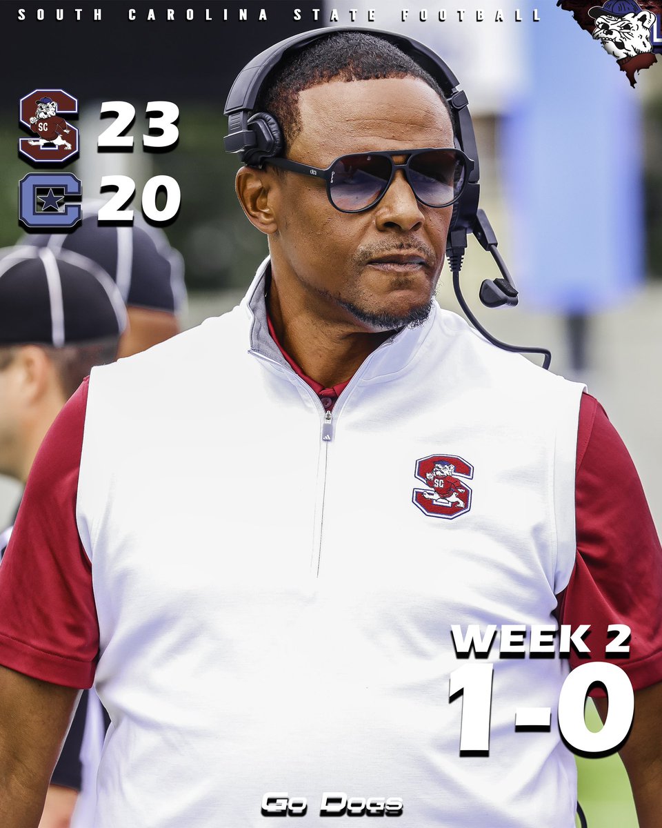 SCState_Fb's tweet photo. #GoDogs

Your SC STATE FOOTBALL BULLDOGS take down @CitadelFootball going 1-0 in WEEK 2!

@SCStateAthletic @SCSTATE1896 @MEACSports @coachberry77 
#PayTheFEE
#DigDEEP
#FearTheBITE
🔴🔵🐶🏈 https://t.co/b2KwXvyojo