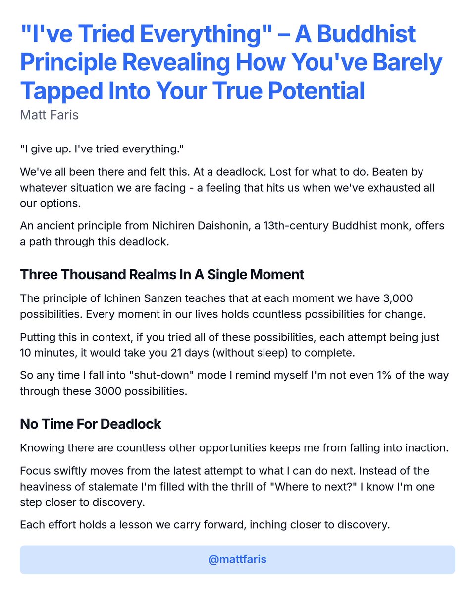 Deadlock doesn’t exist! A Buddhist teaching, Ichinen Sanzen shows that for every problem, there are 3,000 possible solutions. You’ve only scratched the surface—keep moving forward. #Growth #Inspiration