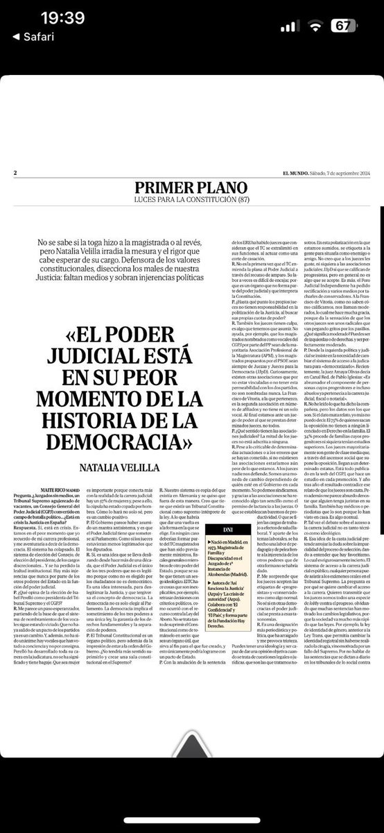 natalia_velilla's tweet image. Para los de la tarde, ahora en foto. Entrevista de @maiterico en @elmundoes en “Luces para la Constitución”. “El Poder Judicial está en su peor momento de la historia de la democracia”. Gracias por darnos voz también a nosotros #IndepenciaJudicial