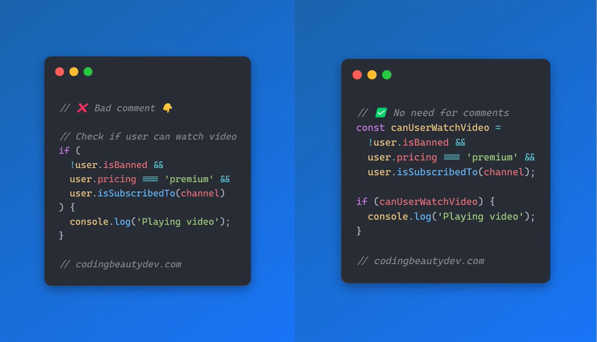 codingbeautydev's tweet image. Stop using comments to replace bad code.