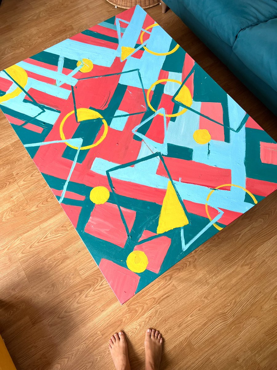 PatternAbstract's tweet image. New Painting

This is a large painting I started a few years ago. It was at the back of our wardrobe, hidden from sight. I finished it today by adding layers of geometric shapes &amp;amp; adding cadmium yellow to balance the darker background colours &amp;amp; add more depth to the composition.