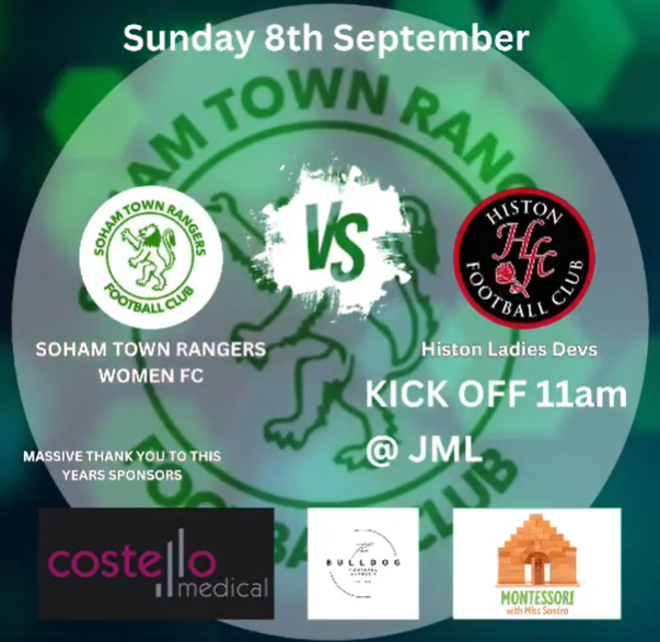 Soham Town Rangers FC (@sohamtownranger) on Twitter photo Sunday marks another milestone in the club's history as Soham Town Rangers' first-ever competitive ladies game is played at the Lane.
<a href="/soham_tr_ladies/">Soham Town Rangers Womens FC</a> vs <a href="/HistonLFC/">Histon Ladies FC</a> Development
<a href="/cambsgwleague/">Cambridgeshire Womens and Girls League</a> Division 2
11am kick off
Free Entry
Club House Open
Support The Greens Sunday marks another milestone in the club's history as Soham Town Rangers' first-ever competitive ladies game is played at the Lane.
<a href="/soham_tr_ladies/">Soham Town Rangers Womens FC</a> vs <a href="/HistonLFC/">Histon Ladies FC</a> Development
<a href="/cambsgwleague/">Cambridgeshire Womens and Girls League</a> Division 2
11am kick off
Free Entry
Club House Open
Support The Greens