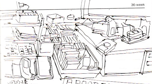 昨日の出先での落書き。まだまだ紙が現役だとよくわかるデスク周り。 