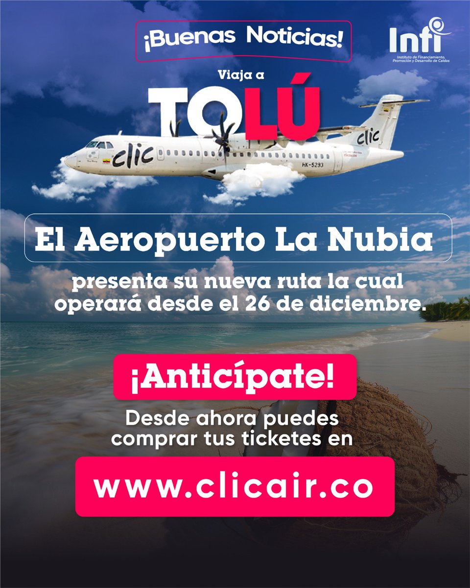 ¡✈️ ¡Buenas noticias, Manizales! El Aeropuerto La Nubia se conecta con la playa 🏖️. Ahora puedes volar con Clic desde Manizales hasta Tolú, un paraíso lleno de paisajes espectaculares, sol y mar.  Prepárate para una nueva aventura sin igual. ¡La playa nunca ha estado tan cerca!