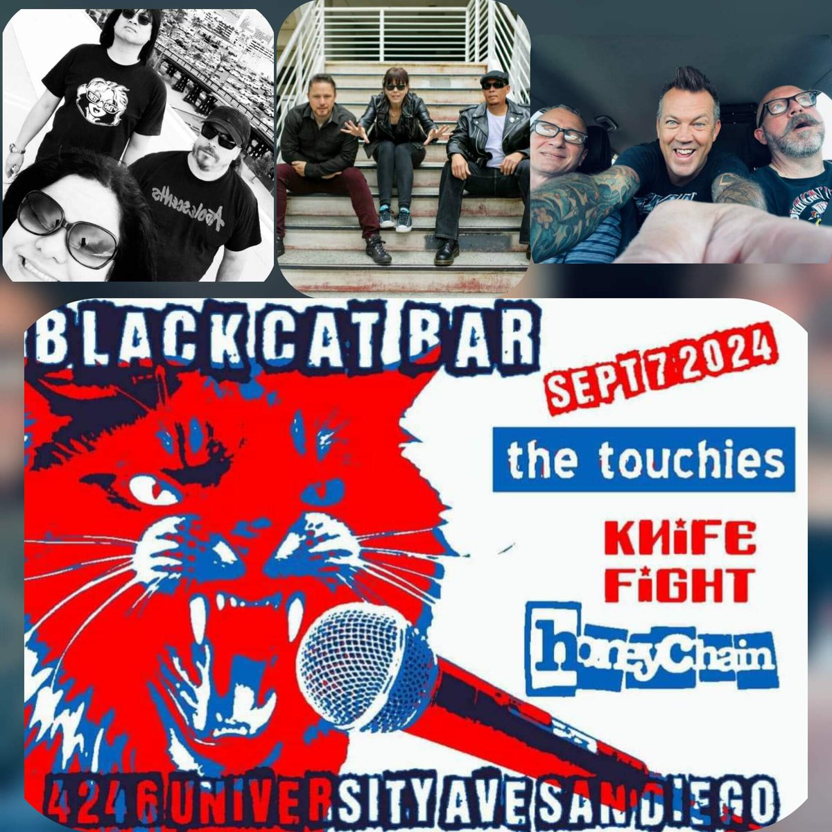 thetouchies's tweet image. TONIGHT!!! BLACK CATURDAY SEPTEMBER 7TH BLACK CAT BAR!!!

@the.touchies (Whale's Vagina, CA)
@knifefight_band (Phoenix, Arizona)
@honeychain (Los Angeles, California)

4246 UNIVERSITY AVE 
SAN DIEGO CA 92105

21+

SHOW STARTS AT 9PM-ish

Cover is usually $5 at Black Cat
