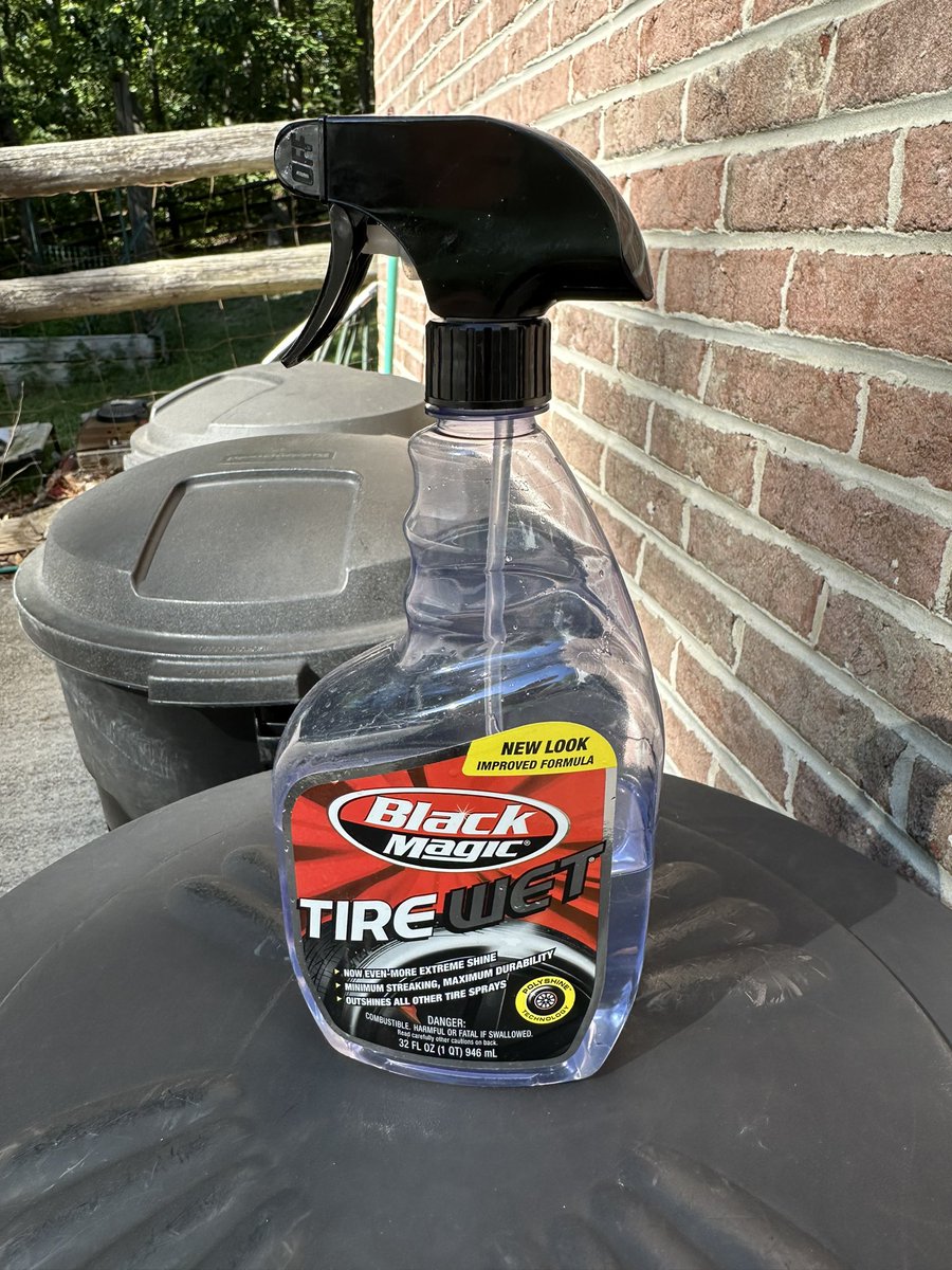 bkwillia's tweet photo. I have absolutely never used a worse car cleaning product. This @BlackMagicShine Tire Wet is awful. The sprayer has only one setting and it just blasts a solid stream that splashes off the tire and gets on everything else, like the wheel and surrounding fender. Waste of money. https://t.co/GMlZhl78wx