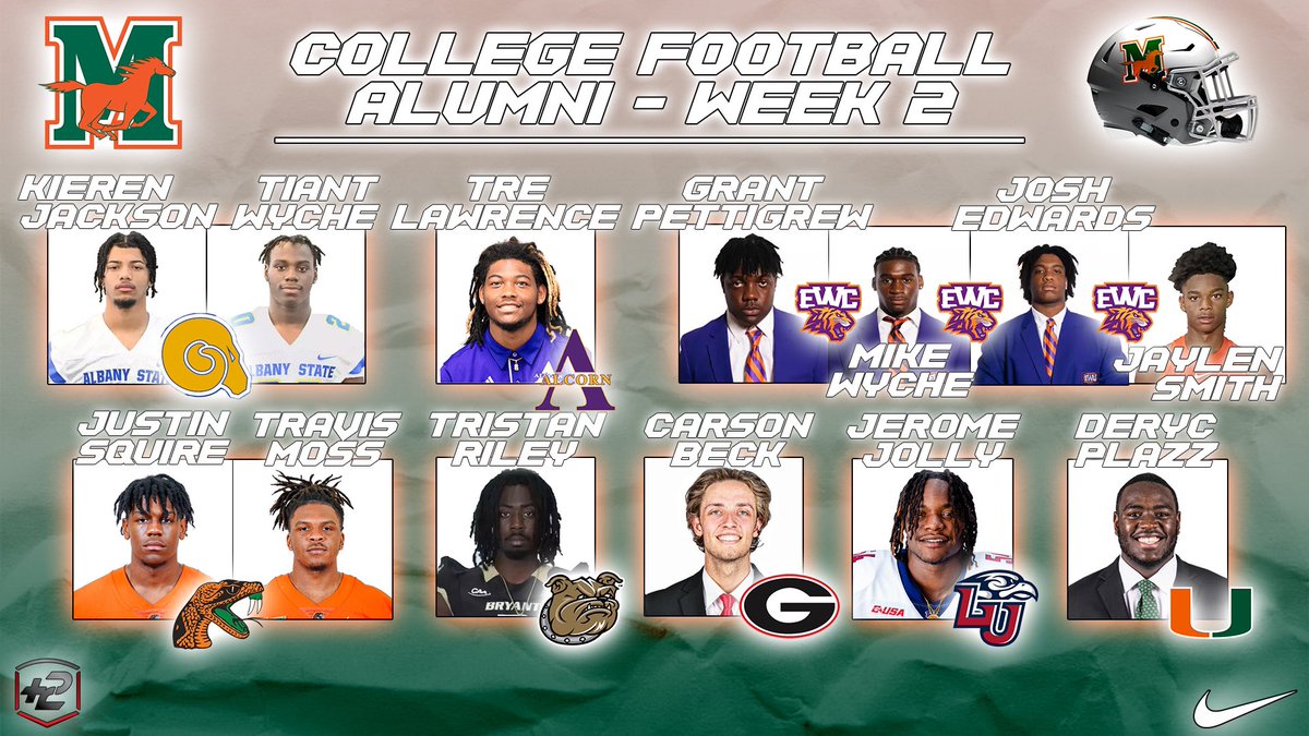 🐎 Wk.2 Mustang Alumni to Watch🐎

Albany St vs Shaw

Alcorn St vs Vanderbilt

Bryant vs Franklin Pierce

EWU vs FL Memorial

FAMU vs Miami

UGA vs Tennessee Tech

Liberty vs New Mexico St

Miami vs FAMU