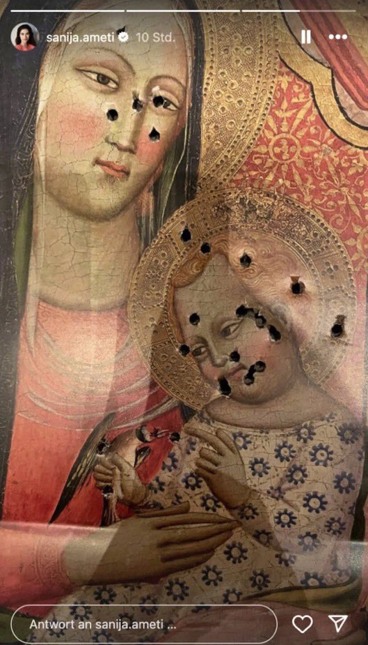 MyLordBebo's tweet photo. 🇨🇭 Switzerland: A Green liberal politician fired shots at Maria &amp; baby Jesus "for stress relief." 

She now claims she did it accidentally. She also accidentally posted it on Instagram and accidentally wrote "Turn Off." 

She’s fervent supporter of Zelensky. https://t.co/kJomUd5AEx