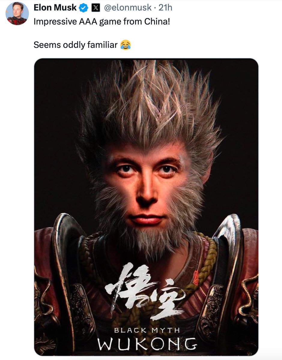 Wow!  Black Myth: Wukong is crushing the AAA game scene globally in just 2 weeks! From a Chinese team, this groundbreaking game has even caught Elon Musk's eye. 🎮🔥

18 million copies sold, over 6 billion RMB ($800M) earned — a true overnight sensation! 🌍🚀 #BlackMythWukong