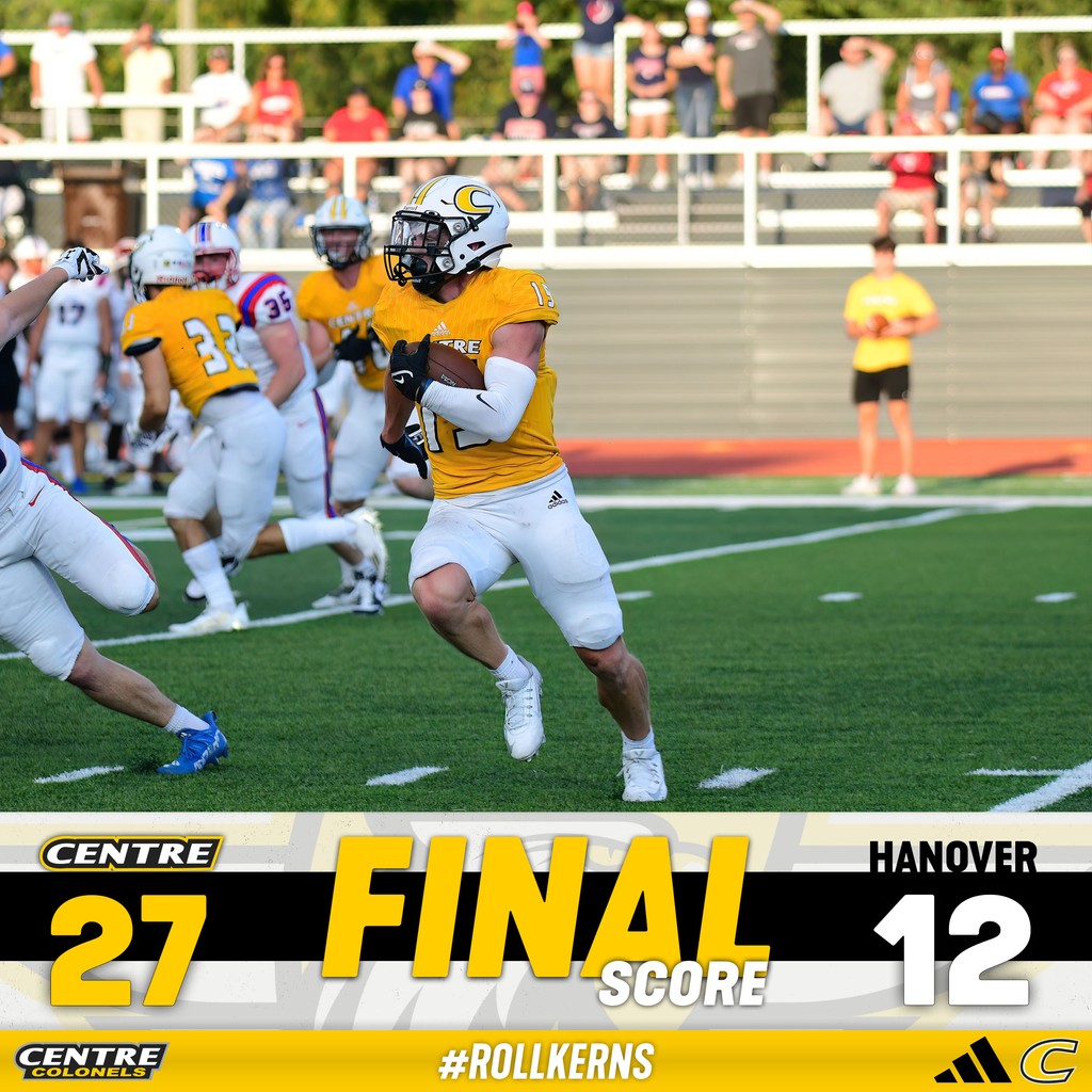 CentreAthletics's tweet photo. 🏈 | 3 TD passes from Gohmann and 6 sacks by the defense led to a 27-12 @CentreFootball win in the season opener! #RollKerns #PEV https://t.co/VolTryoEKV https://t.co/yGabAsjC9n