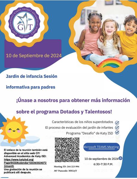 Kinder Families:
Kindergarten GT online information sessions are set for this Tuesday from 6:30 - 7:30 PM on Microsoft TEAMS.
Find out about the characteristics of gifted children, the screening process, and our Challenge program.
#HayesHawks #USEStallions
