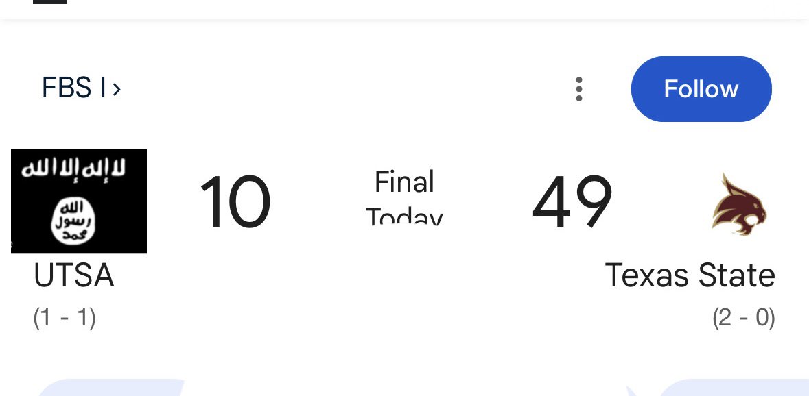 bokoskittens's tweet photo. Texas State GOOD GUYS WIN!!! UTSA terrorists loose! 
#fuckbird https://t.co/v4TKxeMShD