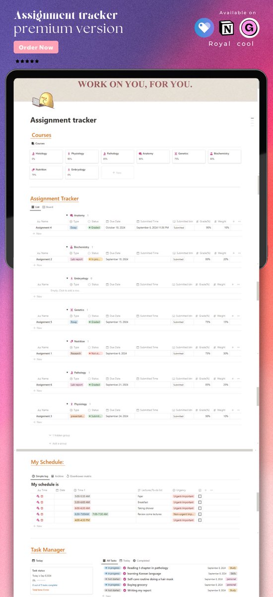 Royalcoool's tweet image. Are you ready to take charge of your academic journey this semester?
As September rolls in, ushering in a fresh wave of study and college life, we’re excited to unveil our latest creation: the Assignment Tracker template!
#Notiontemplate #assignmenttracker #academicplanner,