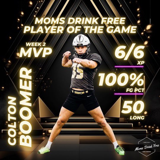 🚨 BREAKING 🚨

<a href="/BoomerColton/">Colton Boomer</a> is the Moms Drink Free Player of the Game for Week 2! Absolutely dominating performance out there against Sam Houston State.