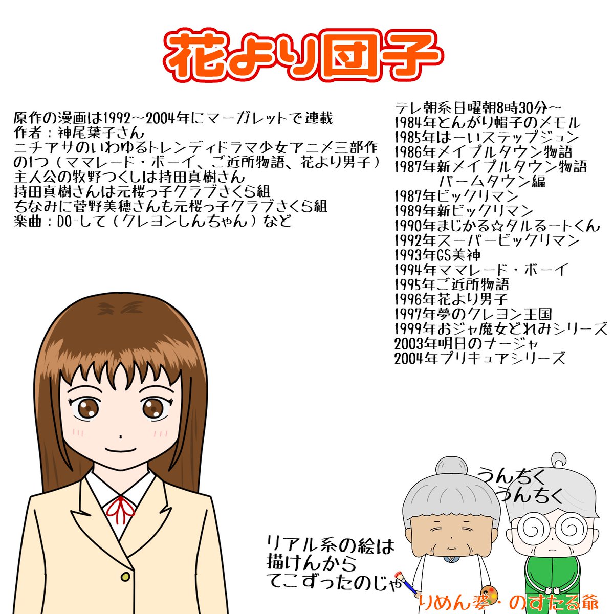 SaikuLing's tweet photo. 9月8日はアニメ 花より団子の放送開始日（1996年）
この作品知ってた？
原作もアニメも見たことなかったからyoutubeの公��動画をチラ見したよ👀
持田真樹さんの演技が初々しかった✨
リアル系の絵は僕には描けない💦
#おはようVtuber #絵描きさんと繋がりたい #絵描きさんフォロバ１００ https://t.co/3zkaOWDiSH