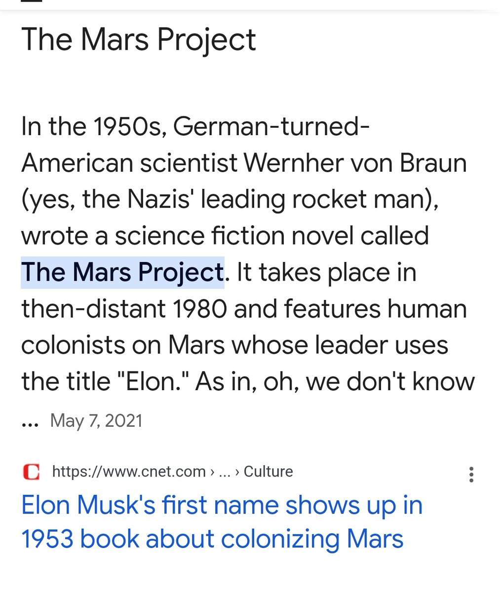 LetsTalkZorro's tweet image. Well, Wernher Von Braun the SS nazi turned Nasa wrote a book about Mars colonisation with Elon as one of the characters - so it must be a prophecy lol

#ProjectMars
