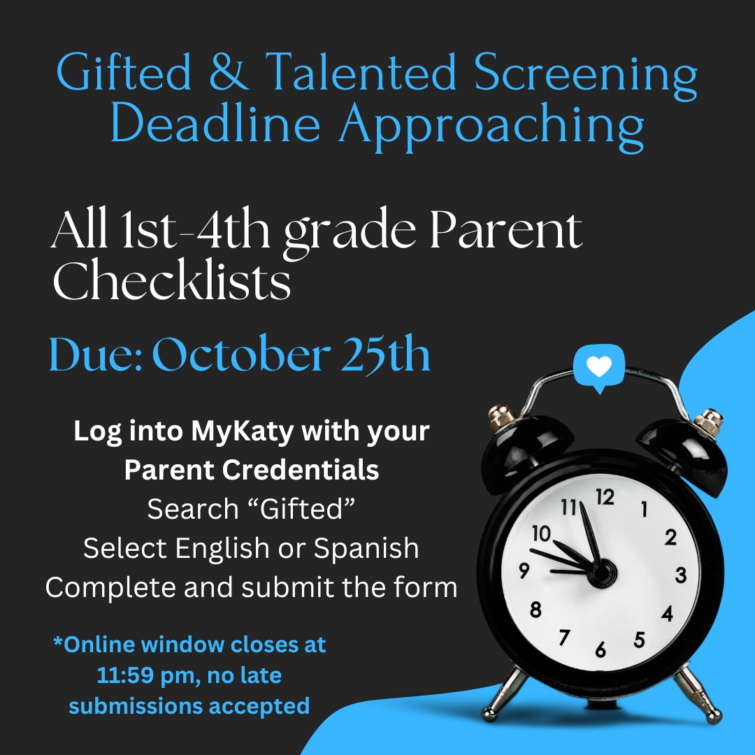 1st-4th grade GT screening request deadline is coming up!
#HayesHawks #USEstallions <a href="/HayesHawks/">Jeanette Hayes Elem</a> <a href="/USEStallions/">Stephens Elementary</a>