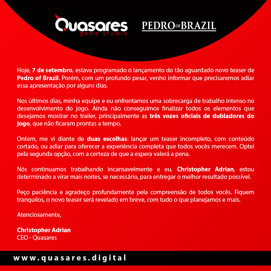 quasaresnetwork's tweet photo. Comunicado Oficial - Atualização sobre o Teaser de Pedro of Brazil https://t.co/h8VoXf4Aut
