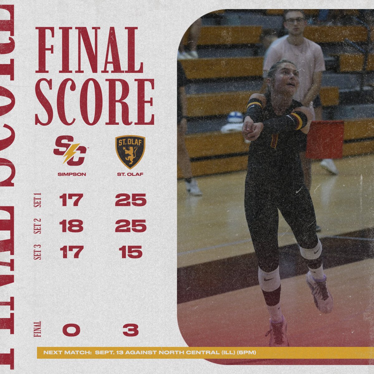 SimpsonVB's tweet image. Final scores of the UW-River Falls Tournament. 

Despite two losses on the day, Audrey Behrens recorded a career high 3 aces in our match against Bethel. 

E. Seiler: 17 kills
E. Williams: 12 kills

🔗linktr.ee/simpsonwvolley…

#rollriversvb #d3vb