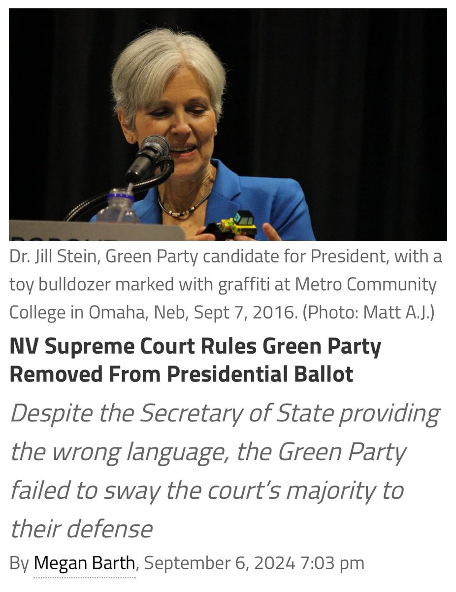 BREAKING: The Democrat filled Nevada State Supreme Court has kicked Jill stein off of the state ballot for the presidential election.

The Green Party turned in 3x the signatures required for ballot access, but due to a Democrat Secretary of State providing incorrect paperwork,