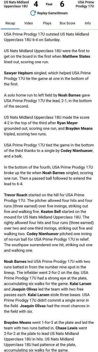 USA Prime Prodigy 17u Win Game 1 in PBR 18U Fall Classic at Creekside. PRODIGY 6 V. US NATS MIDLAND 4.