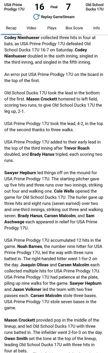 USA Prime Prodigy 17 Wins Game 2 By a score of 16 V. Old School Ducks 18u 6 at PBR Fall Classic Creekside KC. Bracket Play starts tomorrow 🩵⚾️🩷
