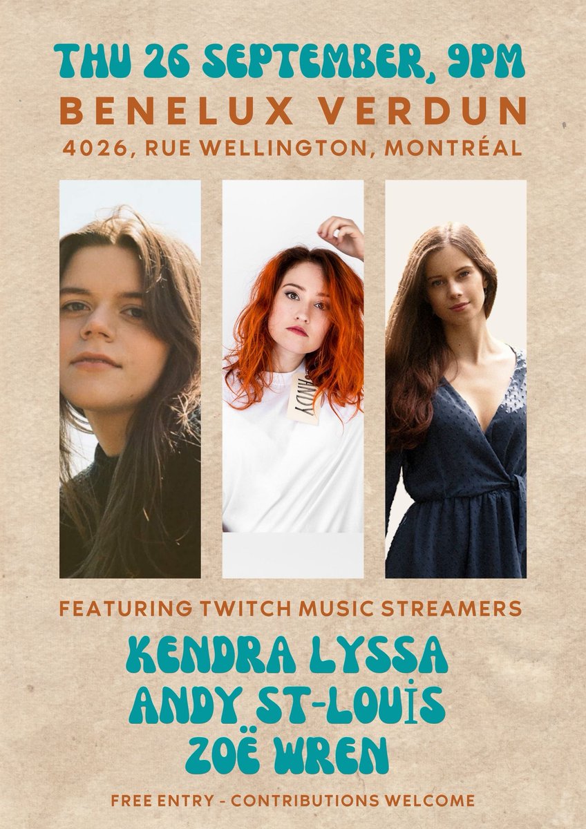 Zoë Wren (@zoewrenmusic) on Twitter photo I can't wait to set off on a Canadian adventure later this month. On my way to showcase at <a href="/folkmusicon/">Folk Canada</a> I'll also be stopping in Montréal for a show with two AMAZING singer-songwriters and fellow Twitch Music streamers - <a href="/AndyTheFrenchy/">Andy St-Louis</a> & <a href="/kendralyssa/">Kendra Lyssa</a> - on Sept 26th! I can't wait to set off on a Canadian adventure later this month. On my way to showcase at <a href="/folkmusicon/">Folk Canada</a> I'll also be stopping in Montréal for a show with two AMAZING singer-songwriters and fellow Twitch Music streamers - <a href="/AndyTheFrenchy/">Andy St-Louis</a> & <a href="/kendralyssa/">Kendra Lyssa</a> - on Sept 26th!
