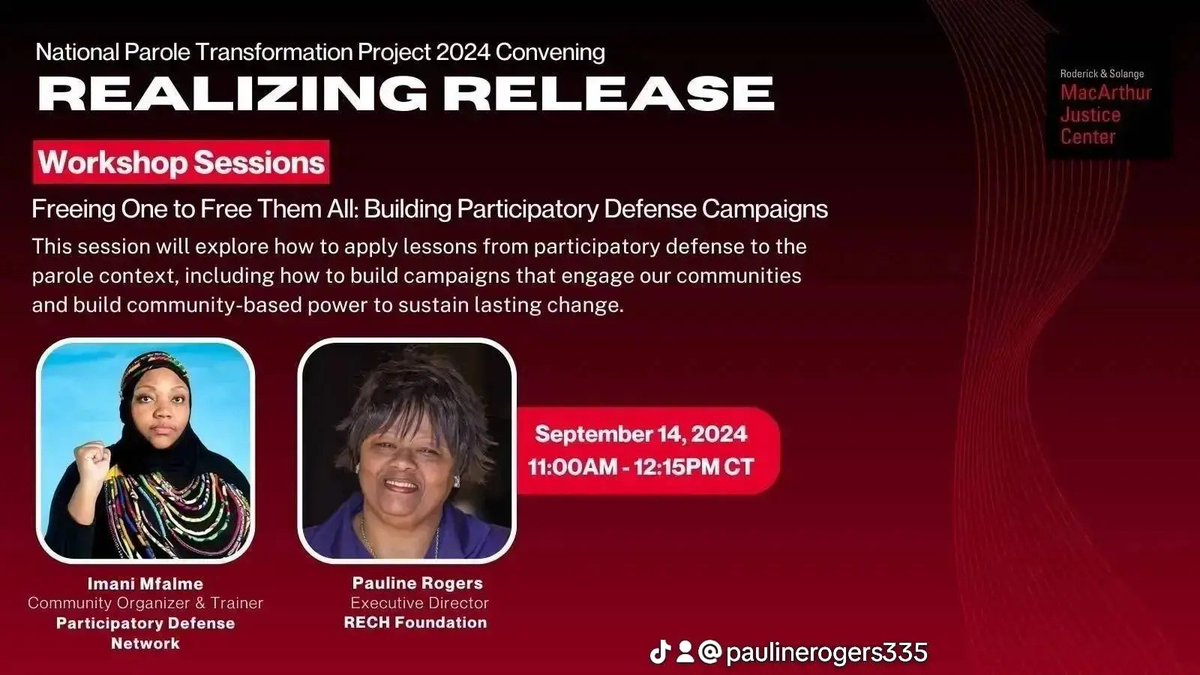 rechfoundation's tweet photo. @imanimfalme & @rechpauline will provide guidance on how we can advance individual defense/release efforts into campaigns that engage our community & build community-based power for the long haul. Register @ https://t.co/69u1I87QQm #Realizingrelease #solutionist #JusticeGeneral https://t.co/AhRhBy5uze