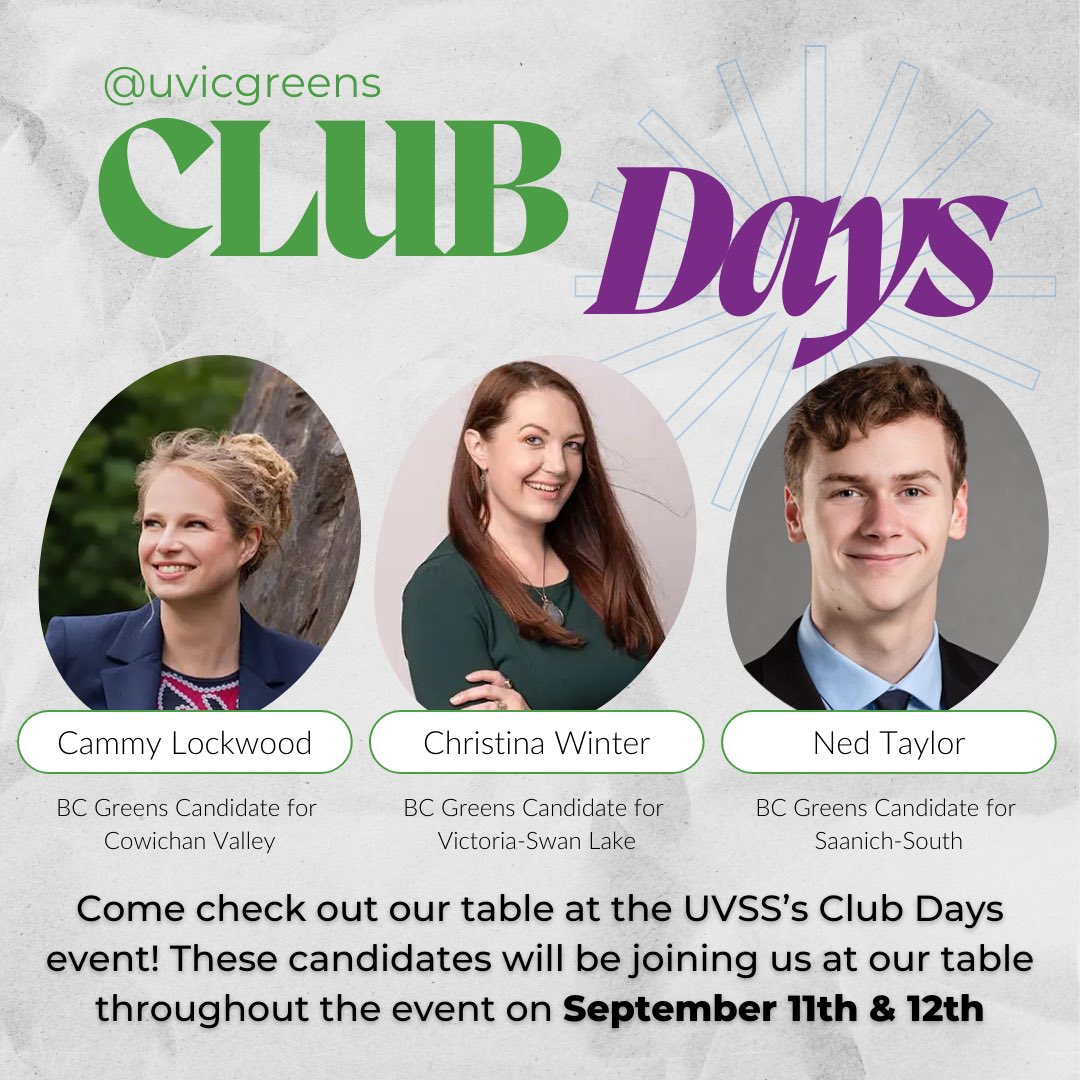 UVic Clubs &amp; Course Union is coming up, and we got candidates!

Look out for our upcoming meetings and events!! 🔜🔜
Become a UVic Greens member today!!
#bcgreens #greensparty #greenspartyofcanada #britishcolumbia #canada #uvic #democracy #environment