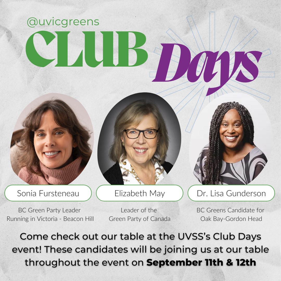 UVic Clubs &amp; Course Union is coming up, and we got candidates!

Look out for our upcoming meetings and events!! 🔜🔜
Become a UVic Greens member today!!
#bcgreens #greensparty #greenspartyofcanada #britishcolumbia #canada #uvic #democracy #environment