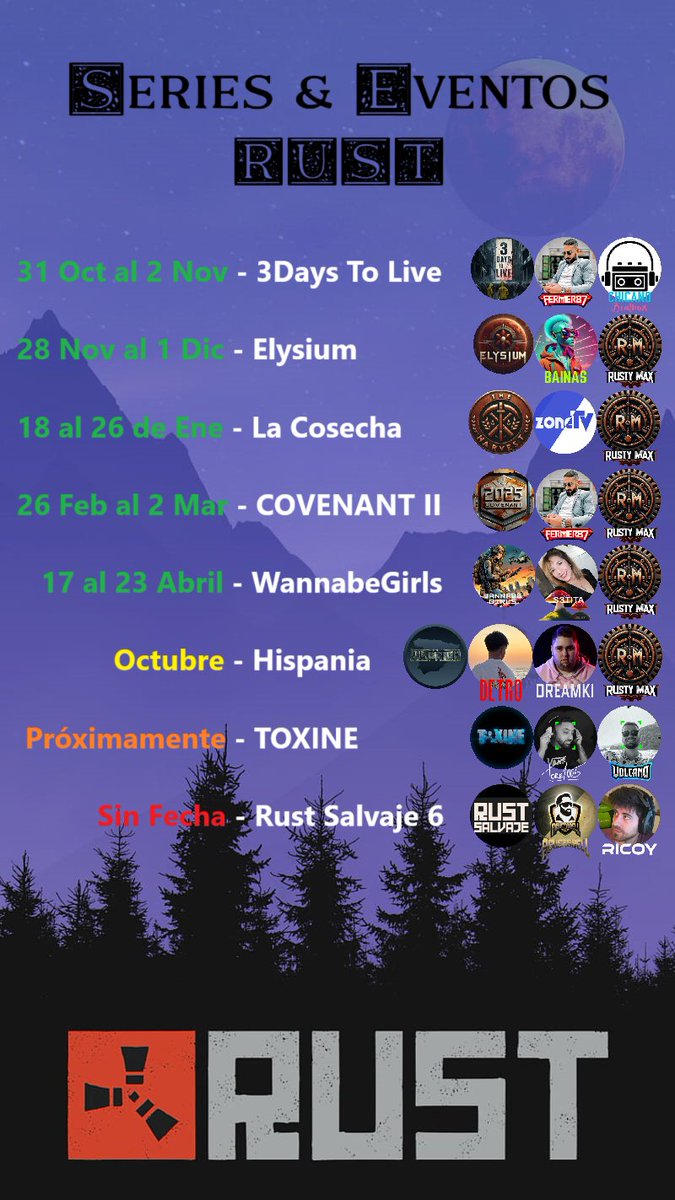 ⬜️ Series Rust ACTUALIZADO

31 Oct al 2 Nov - <a href="/3daystoliveRust/">3 Days To Live 2</a>
28 Nov al 1 Dic - <a href="/ElysiumRust/">Elysium</a>
18 al 26 de Ene - <a href="/lacosecharust/">La Cosecha (Evento de Rust)</a>
26 Feb al 2 Mar - <a href="/Covenant_Rust/">COVENANT</a>
17 al 23 Abr - <a href="/WannabeRust/">WannabeGirlsRust</a> 
Octubre - <a href="/Hispania_rust/">Hispania</a>
Próximamente - <a href="/TOXiNE_Rust/">TOXiNE</a>

#Rust #TwitchStreamers #KickStreamers