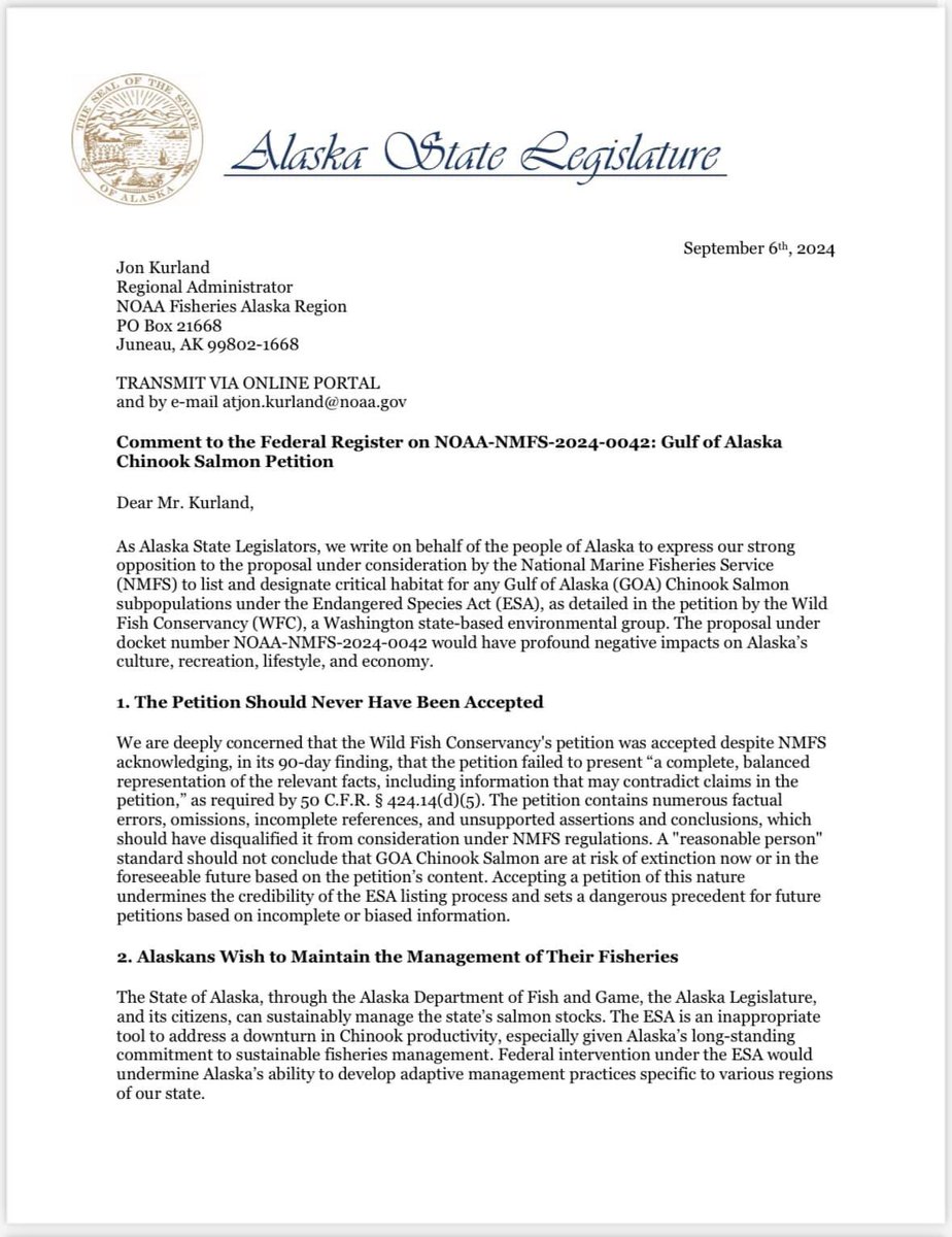 RepVance's tweet photo. Standing Up for State Sovereignty in Our State Fisheries! 🎣

Today I penned a letter, signed by many of my colleagues in the Legislature, in opposition to the Chinook listing as an endangered species. This was submitted into the federal register. 
#akleg #noaa #nmfs #fisheries https://t.co/zm2O2U9V9T