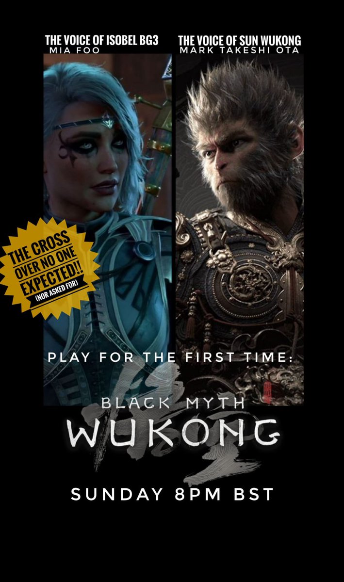 Alright, time to do this! Voice of Sun Wukong (me) plays #BlackMythWukong. Gonna join my amazing friend <a href="/mia_foo/">Mia Foo</a> who voiced Isobel in #BG3 on her twitch twitch.tv/foomia. Eventually I might also figure out how to do it myself and try to stream here: twitch.tv/marktakeshiota