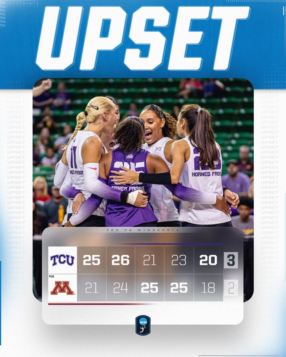 NCAA Women's Volleyball (@ncaavolleyball) on Twitter photo FROGS GET THE UPSET ๐ธ
<a href="/TCUvolleyball/">TCU Volleyball</a> takes down No. 18 Minnesota in 5 sets.
#NCAAWVB FROGS GET THE UPSET ๐ธ
<a href="/TCUvolleyball/">TCU Volleyball</a> takes down No. 18 Minnesota in 5 sets.
#NCAAWVB