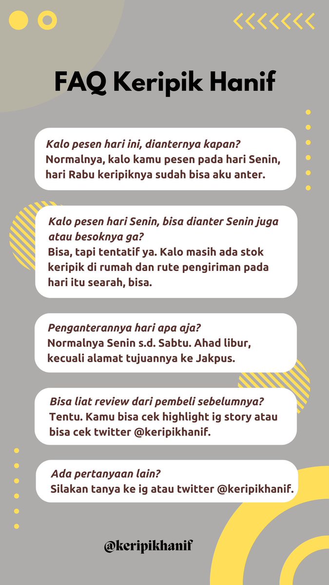 Hi teman-teman, ini FAQ keripikhanif yaa. Silakan cek di gambar berikut 📸. Mudah-mudahan membantu teman-teman yang mau beli keripikhanif yaa. 😊