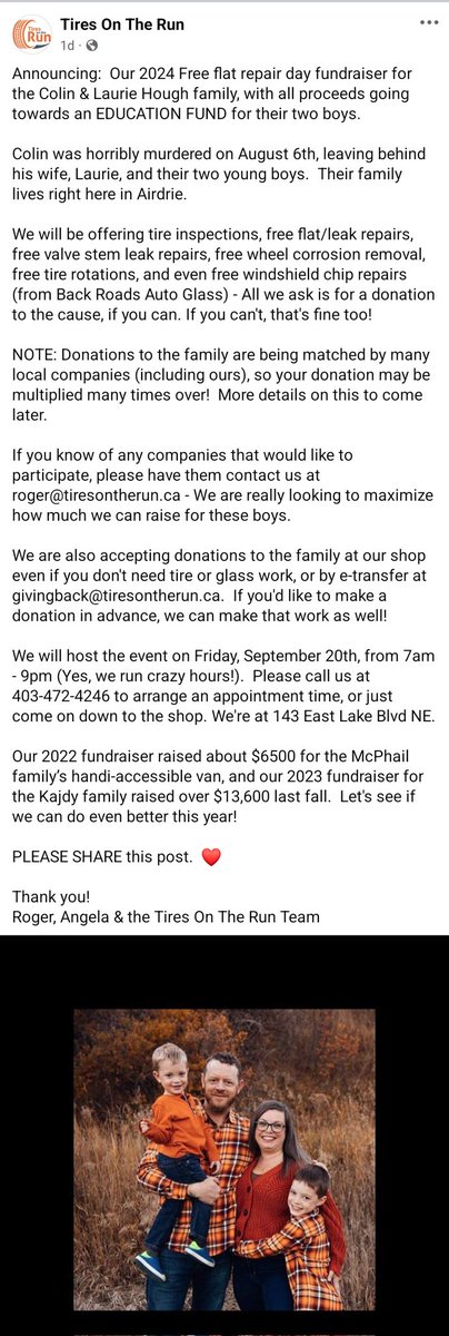 Tires on the run is holding a fundraiser 

facebook.com/share/p/VqQFg9…

#yyc #Alberta