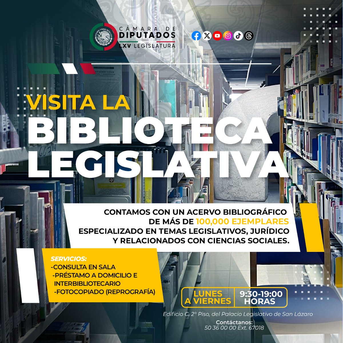 📖 ¡Visita nuestra <a href="/BiblioLegisDIP/">Biblioteca Legislativa</a>!

Contamos con un acervo especializado en materia legislativa, diversas áreas de las ciencias sociales y todas las ramas del Derecho.

🗓️Lunes a viernes
🕙10:00 a 17:00 horas
📍Edificio C, Palacio Legislativo de San Lázaro
